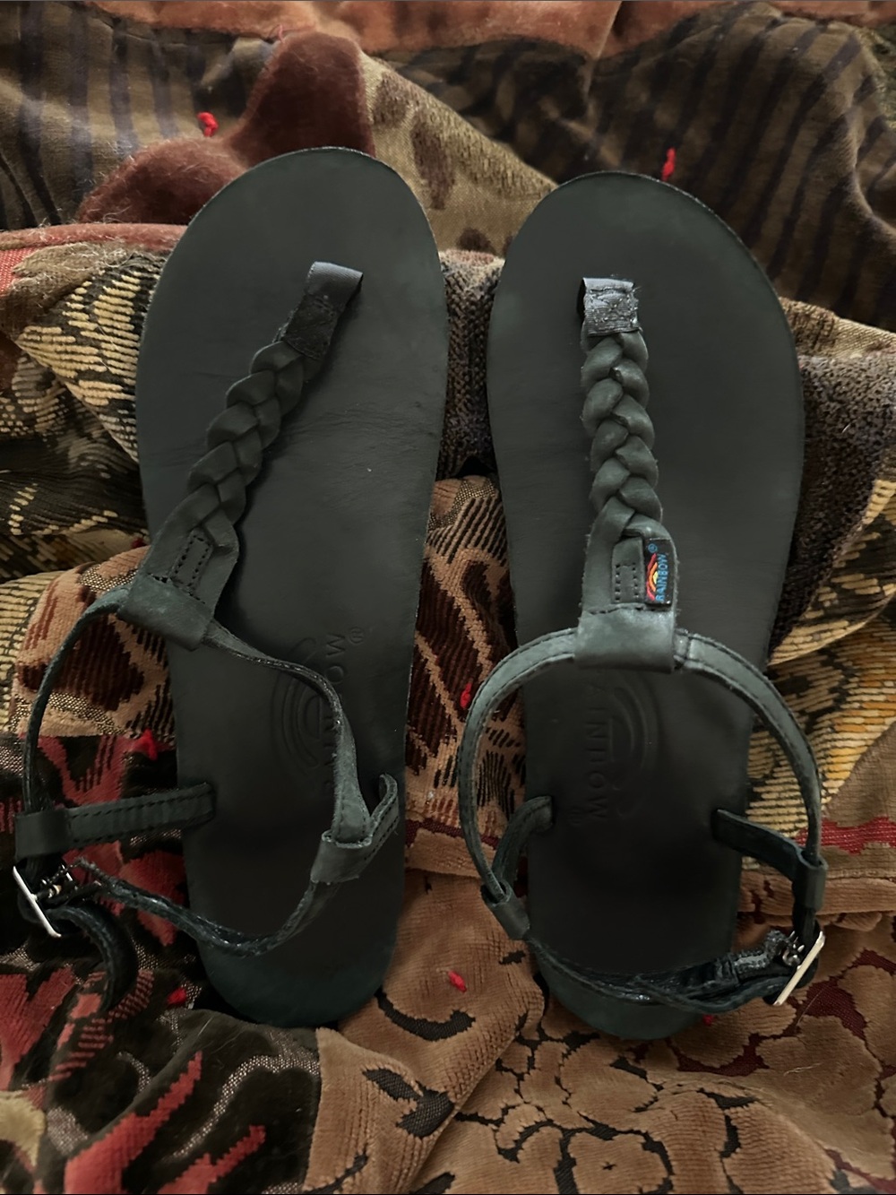 Rainbow Black Braided leather T-Strap Sandals